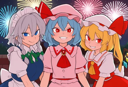 best quality,
3girls, fireworks,
remilia scarlet, izayoi sakuya, flandre scarlet,
smile, grin, closed mouth, open mouth,