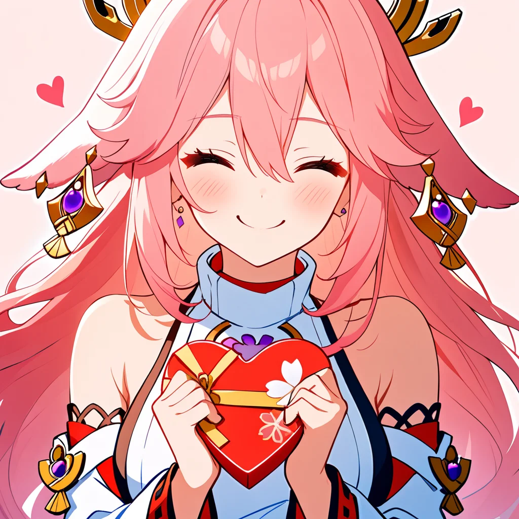 <lora:mki-ani31-TMND-v2-000060:1>,
1girl,
yae miko,
solo,floppy ears,hair between eyes,closed eyes,japanese clothes,bare shoulders,nontraditional miko,fox ears,upper body,smile,pink hair,blush,earrings,holding box,long hair,facing viewer,holding,animal ears,simple background,close-up,white background,jewelry,box,closed mouth,^_^,sidelocks,detached sleeves,white sleeves,vision \(genshin impact\),happy,wide sleeves,heart-shaped box,
masterpiece,best quality,safe,