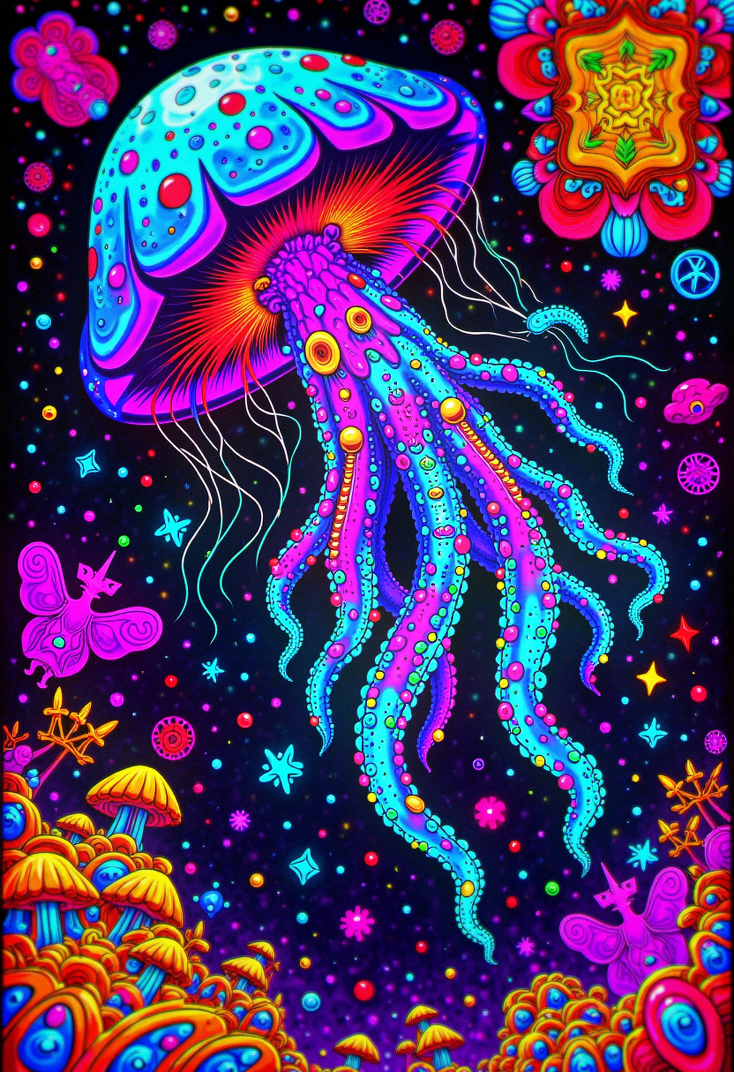 psychedelic style bo-psychedelic, psychedelic surrealism,, a swimming jellyfish,James Bond,vibrant colors of Rio de Janeiro's Carnival are a feast for the eyes, with elaborate costumes, samba music, and street parades . vibrant colors, swirling patterns, abstract forms, surreal, trippy, <lora:Flux\boFLUX Psychedelic Surrealism v1.safetensors:1.0:1.0>