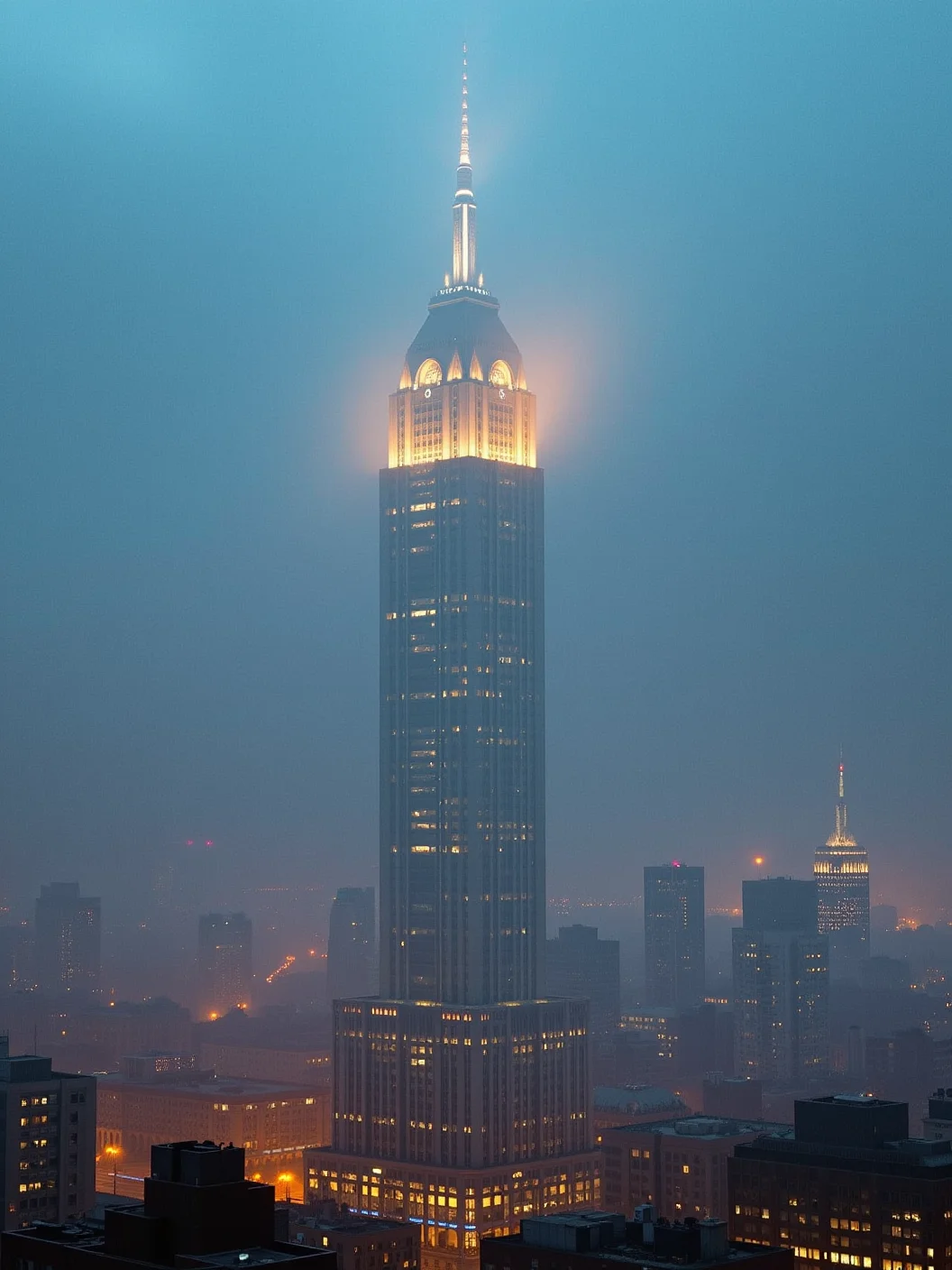 Art deco skyscraper emerging through thick mist, the glowing lights inside casting warm reflections against the teal evening sky. The city below is blanketed in fog, with only the warm glow of the streetlights cutting through the haze. The design of the building is sleek and intricate, evoking a sense of timeless elegance against the backdrop of a modern metropolis. The calm, eerie atmosphere makes the scene feel cinematic, as if it’s part of an epic, slow-paced urban story.