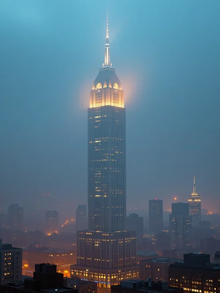 Art deco skyscraper emerging through thick mist, the glowing lights inside casting warm reflections against the teal evening sky. The city below is blanketed in fog, with only the warm glow of the streetlights cutting through the haze. The design of the building is sleek and intricate, evoking a sense of timeless elegance against the backdrop of a modern metropolis. The calm, eerie atmosphere makes the scene feel cinematic, as if it’s part of an epic, slow-paced urban story.