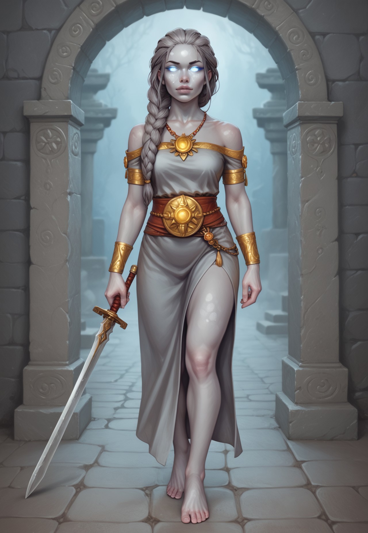 safe_pos, core_9, score_8_up, score_8, semi realistic, ultra detailed, 8k, high quality, hi res, high quality, detailed eyes, perfecteyes, detailed face, 1girl, sharp focus, cowboy-shot, (1girl:1.2), (gray stone skin, bare feet:1.85),(sculpted body, stoic face, glowing stone eyes, long braided stone hair:1.65), (((ancient big sword in hands))), long legs realistic, cinematic angle, cinematic lighting, guardian pose
BREAK
standing watch over an ancient temple ruin
BREAK
source_fantasy_art, rating_explicit, expressive, full body, dynamic pose
BREAK
(((detailed beautiful background, crumbling stone walls, overgrown ivy, ancient statues, moonlit night, mystical fog, sacred atmosphere)))
(((full clothed)))