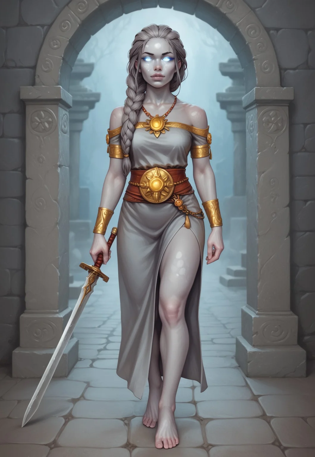 safe_pos, core_9, score_8_up, score_8, semi realistic, ultra detailed, 8k, high quality, hi res, high quality, detailed eyes, perfecteyes, detailed face, 1girl, sharp focus, cowboy-shot, (1girl:1.2), (gray stone skin, bare feet:1.85),(sculpted body, stoic face, glowing stone eyes, long braided stone hair:1.65), (((ancient big sword in hands))), long legs realistic, cinematic angle, cinematic lighting, guardian pose
BREAK
standing watch over an ancient temple ruin
BREAK
source_fantasy_art, rating_explicit, expressive, full body, dynamic pose
BREAK
(((detailed beautiful background, crumbling stone walls, overgrown ivy, ancient statues, moonlit night, mystical fog, sacred atmosphere)))
(((full clothed)))