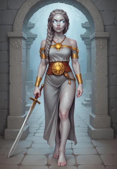 safe_pos, core_9, score_8_up, score_8, semi realistic, ultra detailed, 8k, high quality, hi res, high quality, detailed eyes, perfecteyes, detailed face, 1girl, sharp focus, cowboy-shot, (1girl:1.2), (gray stone skin, bare feet:1.85),(sculpted body, stoic face, glowing stone eyes, long braided stone hair:1.65), (((ancient big sword in hands))), long legs realistic, cinematic angle, cinematic lighting, guardian pose
BREAK
standing watch over an ancient temple ruin
BREAK
source_fantasy_art, rating_explicit, expressive, full body, dynamic pose
BREAK
(((detailed beautiful background, crumbling stone walls, overgrown ivy, ancient statues, moonlit night, mystical fog, sacred atmosphere)))
(((full clothed)))