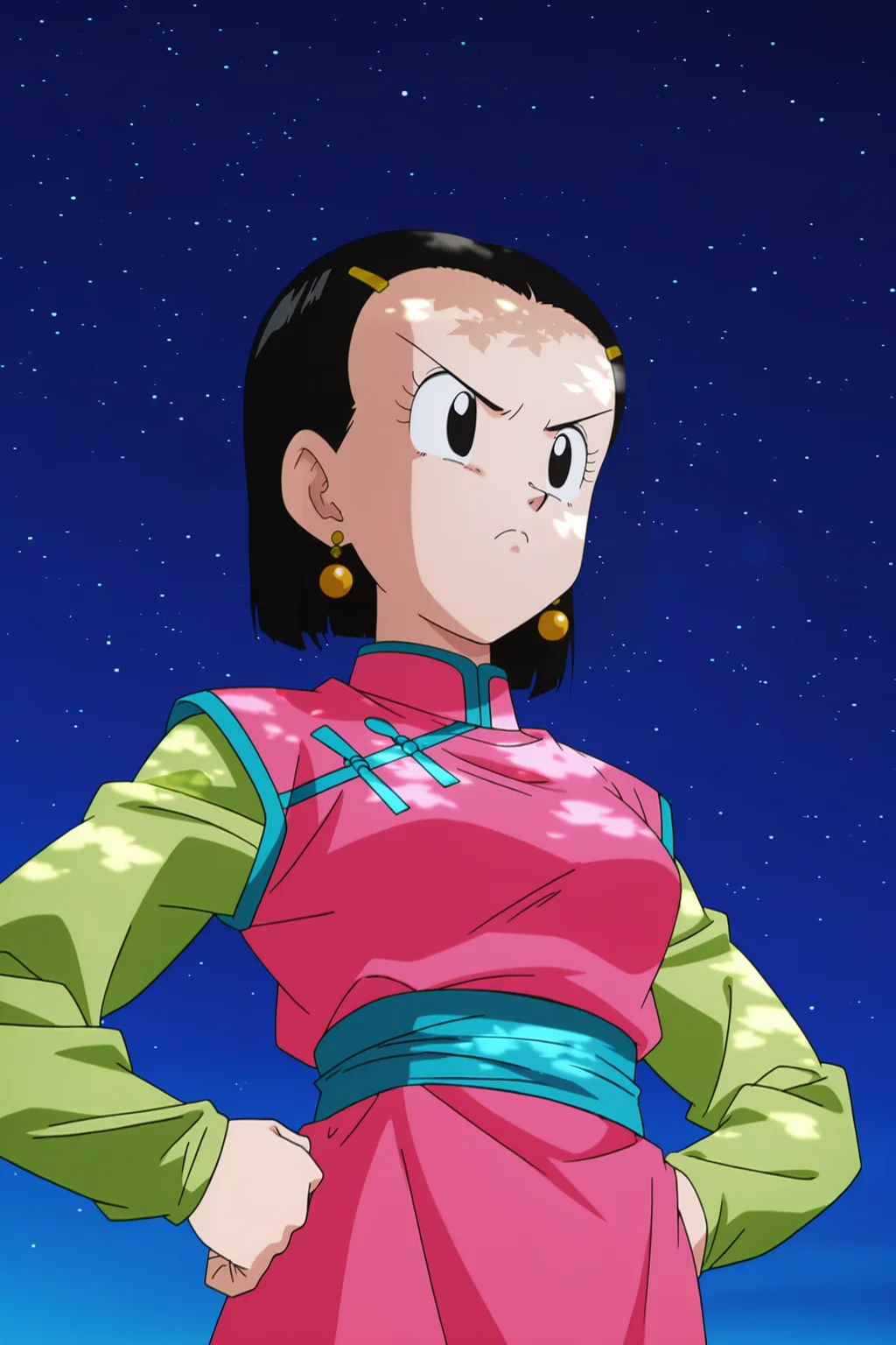 anime screencap, absurdres, high quality, official style,
chi-chi, gt, official style, 1girl, solo, chinese clothes, looking at another, short hair, outdoors, night sky, black hair, hair ornament, long sleeves, green sleeves, star \(sky\), pink dress, blue sash, standing, upper body, earrings, black eyes, from below, hands on hips, v-shaped eyebrows, frown, dappled moonlight,
<lora:Chi_Chi_IL:0.8>