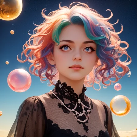 PonyXLV6_Scores: score_9,score_8_up,score_7_up,score_6_up,score_5_up,score_4_up,
solo,flower,(illustration),1girl,mixed-blood,stars in the eyes,messy floating hair,colored inner hair,Starry sky adorns hair,(colorful Bubble),(pearl),(Galaxy),depth of field,upper body,lace-trimmed dress,
<lora:noline:1>