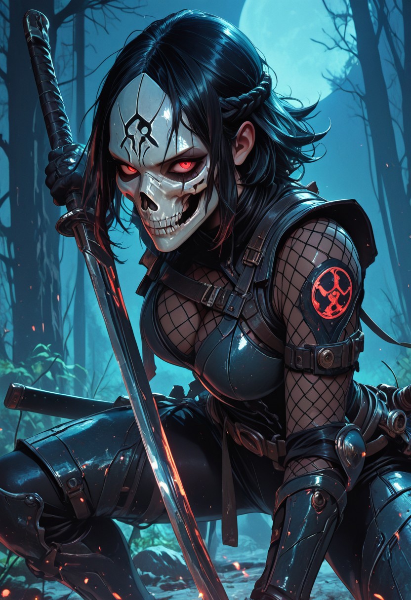 (masterpiece), (best quality), (8k), 1girl, cinematic lighting, dynamic action pose, highres, very detailed, amazing quality, masterpiece,
very aesthetic, intense,
particle effect,
1girl, samurai, solo, braided hair, layered samurai armor, bodysuit, tight clothing, fishnets, sleeveless, futuristic armor, runic symbols etched in armor, armored legs, full mask, skull mask, katana, red eyes,
assassin theme, japan theme,
looking at viewer, tough pose, holding spear,
mountains, 
at night, night, close up, closeup,