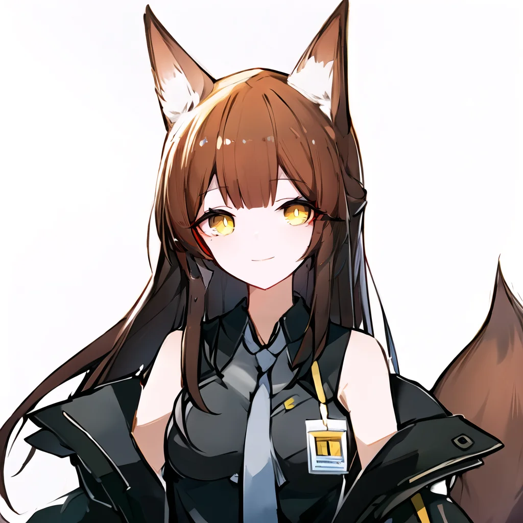 (high quality, high resolution:1.3), 4k, masterpiece,
BREAK
1girl, <lora:Franka:0.85>, Franka, 1girl, animal ears, upper body, fox ears, brown hair, tail, yellow eyes, necktie, shirt, sleeveless shirt, grey necktie, off shoulder, jacket, smile, standing, id card, fox shadow puppet, simple background, white background, <lora:quan_style:1:1:lbw=OUTALL> <lora:NoiseOffset_v2:1.0><lora:NoiseOffset_v2:1.0>