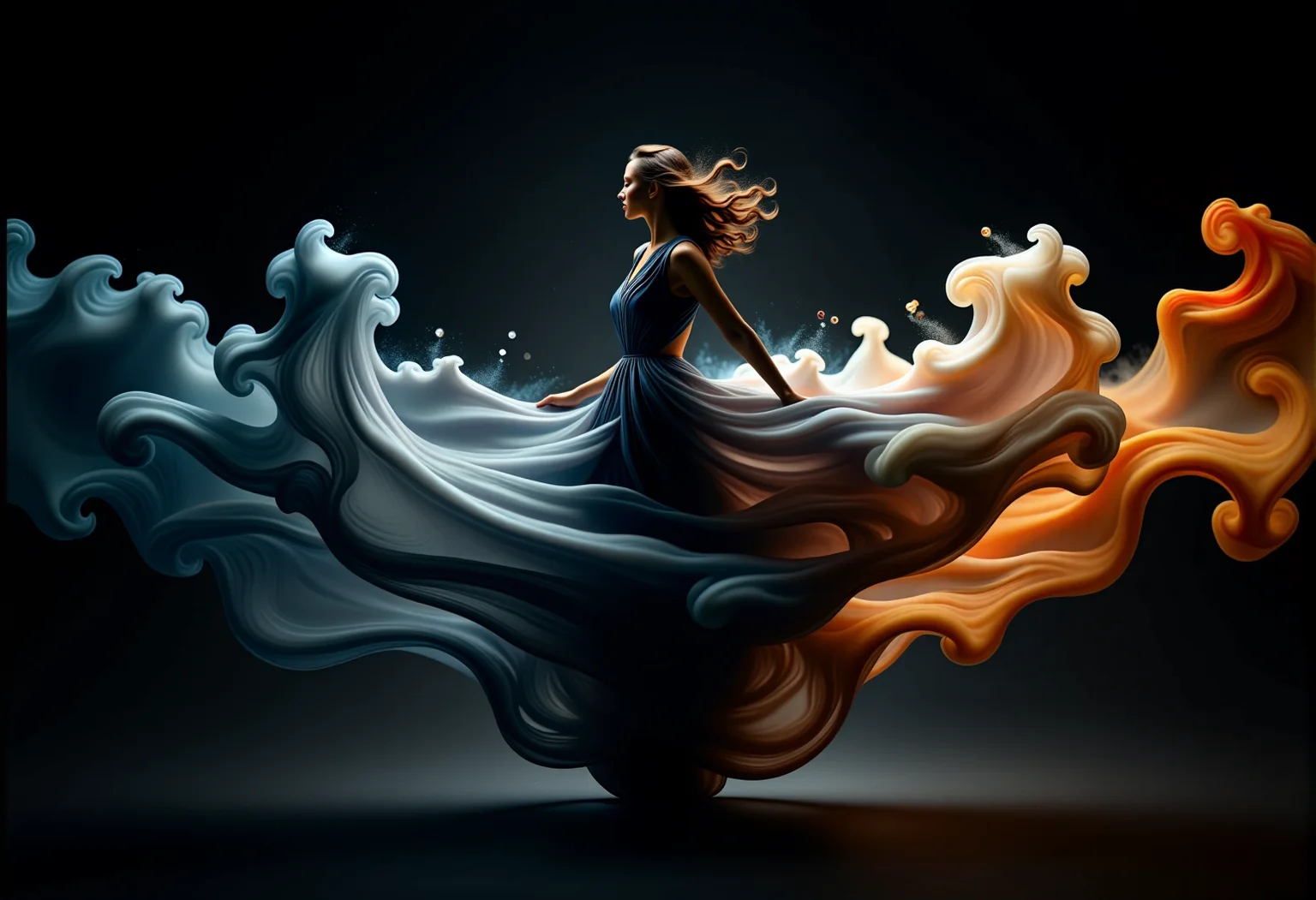 bv-smowormor. A human figure fully emerging from swirling smoke. Background is a vibrant backdrop of blue and orange smoke . Clothing and body are formed from dark mist . Facial expression is calm and serene, eyes softly closed . Hairstyle is long, flowing hair turning into mist . Figure positioned in a dark, moody scene with liquid-like smoke. Pose is dynamic, mid-motion, leaping forward with colorful smoke trail. Clothing details are a gown made of smoke, shifting between shades of silver . Scene elements include colored smoke moving like waves. Style is dreamlike and ethereal, soft focused edges . Lighting is dramatic, with rim lighting emphasizing silhouette. Background solid black . Smoke colors vibrant hues of orange and teal . Additional details delicate floating light particles . Words "Smoke World Morph" formed from smoke tendrils delicately drifting, appearing curling around figure like an inscription. , <lora:bv-smoke-world-morph-1-0.safetensors:1.0:1.0>