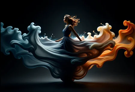 bv-smowormor. A human figure fully emerging from swirling smoke. Background is a vibrant backdrop of blue and orange smoke . Clothing and body are formed from dark mist . Facial expression is calm and serene, eyes softly closed . Hairstyle is long, flowing hair turning into mist . Figure positioned in a dark, moody scene with liquid-like smoke. Pose is dynamic, mid-motion, leaping forward with colorful smoke trail. Clothing details are a gown made of smoke, shifting between shades of silver . Scene elements include colored smoke moving like waves. Style is dreamlike and ethereal, soft focused edges . Lighting is dramatic, with rim lighting emphasizing silhouette. Background solid black . Smoke colors vibrant hues of orange and teal . Additional details delicate floating light particles . Words "Smoke World Morph" formed from smoke tendrils delicately drifting, appearing curling around figure like an inscription. , <lora:bv-smoke-world-morph-1-0.safetensors:1.0:1.0>