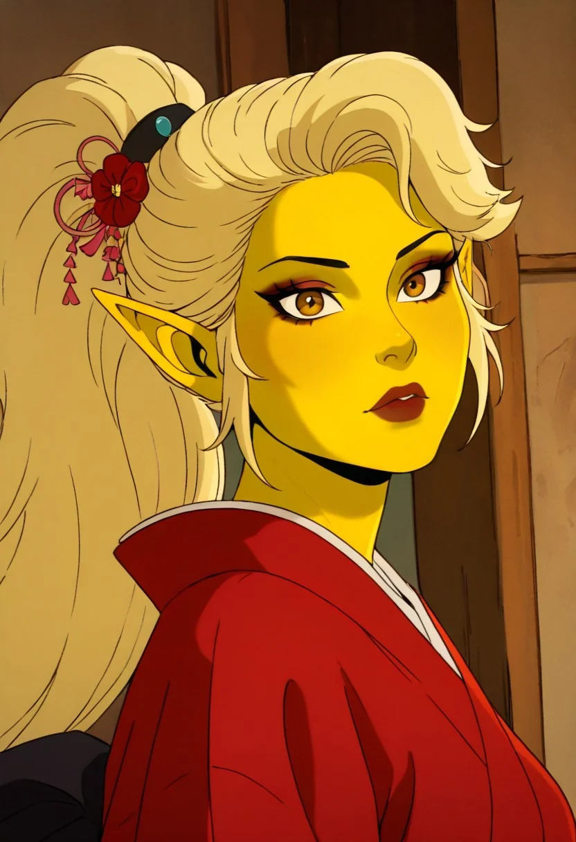 masterpiece, best quality, newest, absurdres, highres,
X-1990STV1.0,
1girl, asian, asian female, elf, elf girl, pointy ears, long hair, yellow skin, blonde hair, golden colored skin, ponytail long ponytail, high taied ponytail, makeup, mascara, brown eyes, golden eyes,
kimono, red kimono, japanese clothes, hair ornament,