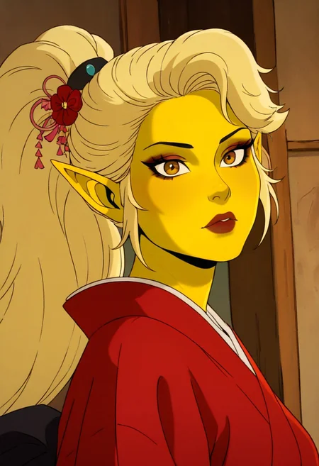 masterpiece, best quality, newest, absurdres, highres,
X-1990STV1.0,
1girl, asian, asian female, elf, elf girl, pointy ears, long hair, yellow skin, blonde hair, golden colored skin, ponytail long ponytail, high taied ponytail, makeup, mascara, brown eyes, golden eyes,
kimono, red kimono, japanese clothes, hair ornament,