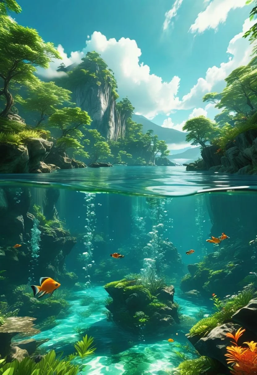 (ultra high res:1.4), (masterpiece), (beautiful lighting:1.4) , lush green forest, Mountains, Bright sunlight illuminates the crystal-clear water, (deep underwater), anime, half above water and half below water, (clear underwater), beautiful sky with clouds and smoke, tropical fish, depth