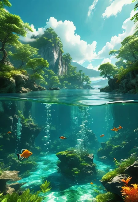 (ultra high res:1.4), (masterpiece), (beautiful lighting:1.4) , lush green forest, Mountains, Bright sunlight illuminates the crystal-clear water, (deep underwater), anime, half above water and half below water, (clear underwater), beautiful sky with clouds and smoke, tropical fish, depth
