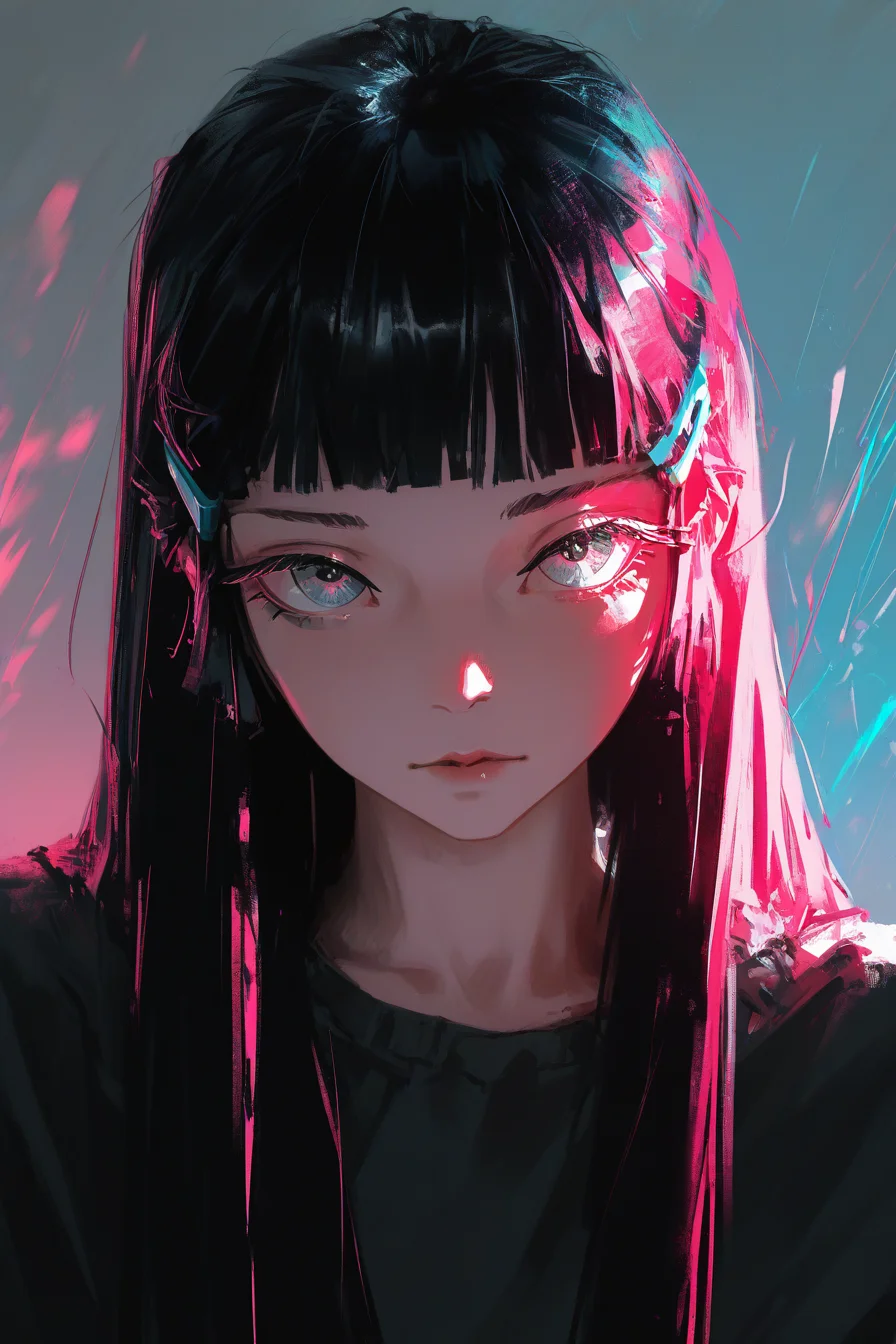 best quality, masterpiece, very awa, absurdres, <lora:high_detailILL:0.6> high_detail, dino_(dinoartforame), <lora:Smooth_Booster_v2:0.6>, <lora:Niji_oil_painting_drawing-anime:0.8>, illustration,
Bold, rebellious, and edgy, High-contrast lighting with chromatic aberration, Overlayed with retro VHS static effects and glitch textures,
cool girl, solo, portrait, black hair, straight hair, long hair, straight bangs, pink hair clips, short bangs, bangs above eyebrows, big eyes, grey eyes,