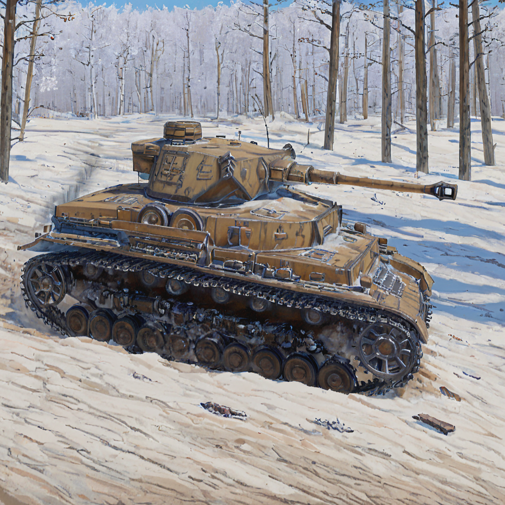 A pnzr4tnk tank is involved in a counter-attack during the Battle of the Bulge, moving through a snow-blanketed Ardennes forest. The scene captures the tank's role in Hitler's last major offensive in the West, with snow adding to the operational challenges faced by the German armored units  ((pulp_comic, heavy_lines, hand_drawn, hand_inked, hand_colored, perfect_face, apxlz))