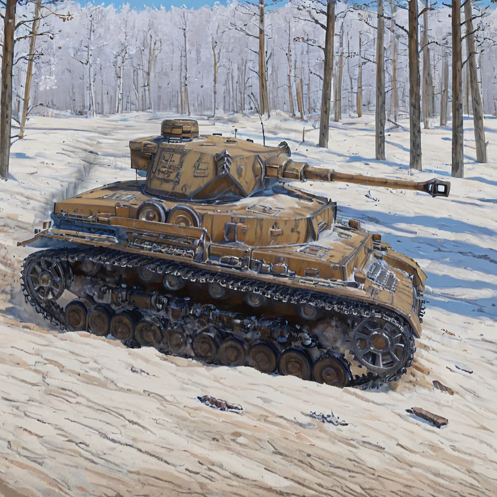 A pnzr4tnk tank is involved in a counter-attack during the Battle of the Bulge, moving through a snow-blanketed Ardennes forest. The scene captures the tank's role in Hitler's last major offensive in the West, with snow adding to the operational challenges faced by the German armored units  ((pulp_comic, heavy_lines, hand_drawn, hand_inked, hand_colored, perfect_face, apxlz))
