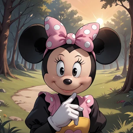 score_9, score_8, BREAK, solo, Minnie Mouse, Mouse ears, thin black mouse tail, black fur, white gloves, pink bow with white polka dots on head, black eyes, long eyelashes, black nose, black fur body, cream color face, sexy pose, self portrait, smile, outdoors, sunlight, shadows, evening lighting, natural lighting, forest, trees, grass, orange sky, sunset