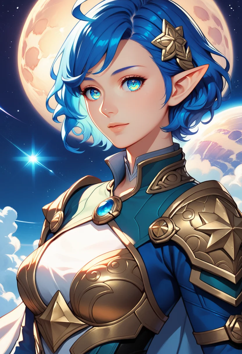 score_9, score_8_up, score_7_up, score_6_up, star ocean, 1girl, rena lanford, ahoge, armor, [blue:opal:0.5] eyes, blue hair, cape, hair ornament, pleated skirt, pointy ears, short hair, beautiful detailed eyes, from above, upper body, (close-up:1.2), space, star \(sky\), spiral galaxy, portrait, official wallpaper, backlighting,