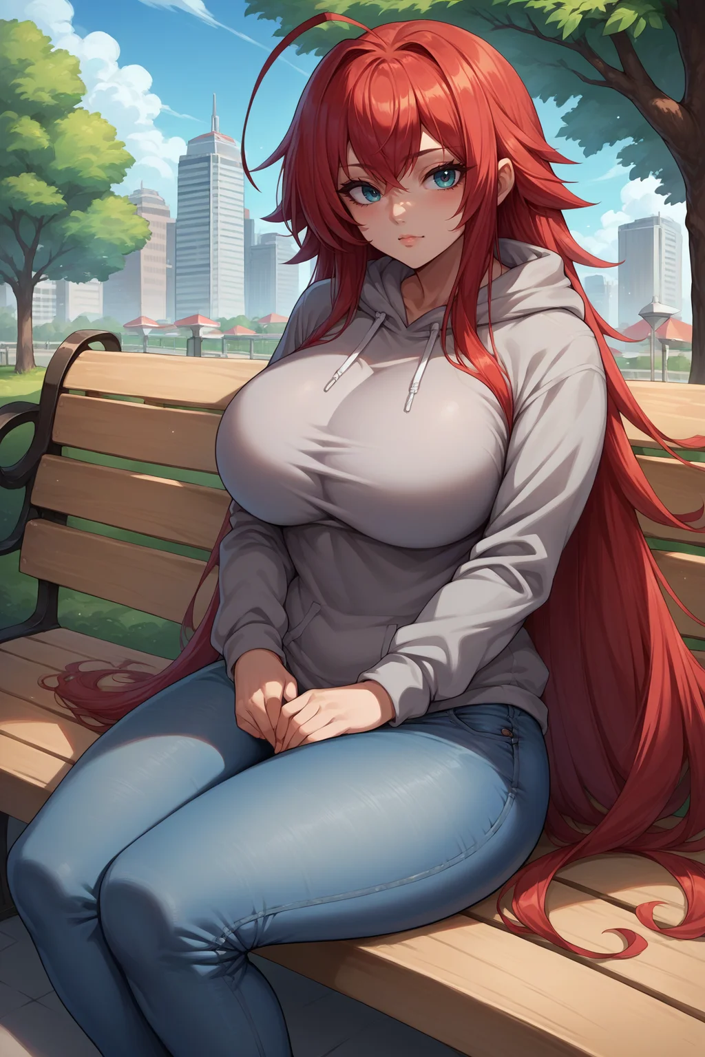 score_9, score_8_up, score_7_up, score_6_up, source_anime, 1girl, solo, <lora:rias-pdxl-nvwls-v1:1> dxdRG, red hair, ahoge, long hair, big breasts, grey hoodie, jeans, sitting, city, looking at you, blue sky, park bench, trees