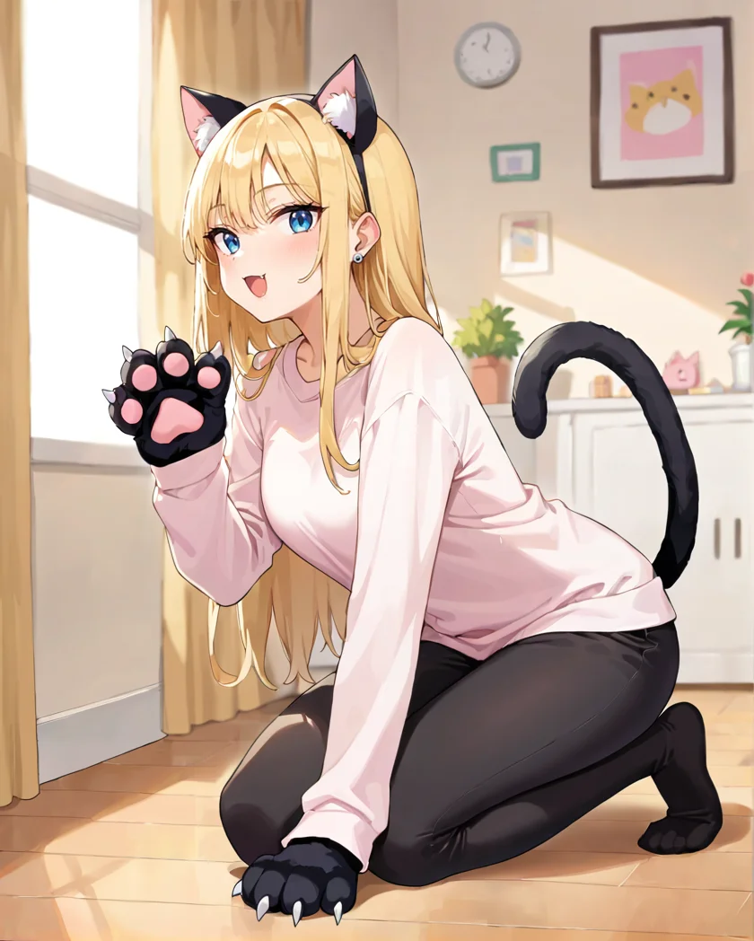 score_9, score_8_up, 1girl, masterpiece,  solo,  <lora:Black_Cat_costume:1> bl4ckc4t, animal ears, tail, cat ears, animal hands, blonde