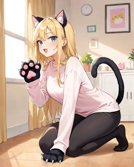 score_9, score_8_up, 1girl, masterpiece, solo, <lora:Black_Cat_costume:1> bl4ckc4t, animal ears, tail, cat ears, animal hands, blonde