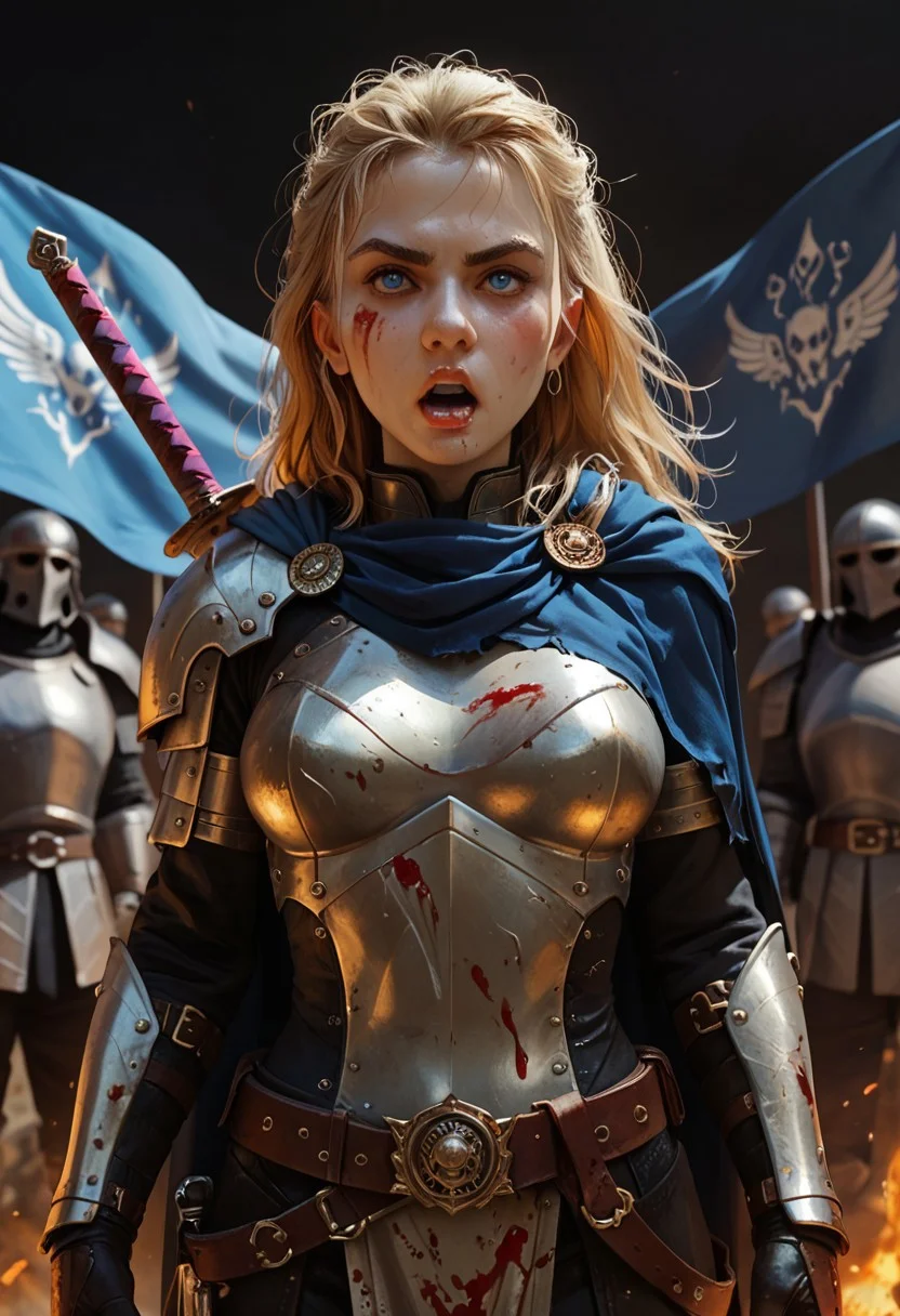 (score_9, score_8_up, score_7_up, score_6_up, score_5_up, score_4_up),a woman in black armor,blonde,medium breast,pale skin,she crosses a battlefield, at night,focus face,she is sure of herself with a piercing look,belt,a sword on the belt,dark blue cape,scratch on the face,blood, blue banner,open mouth,she raises her fist,