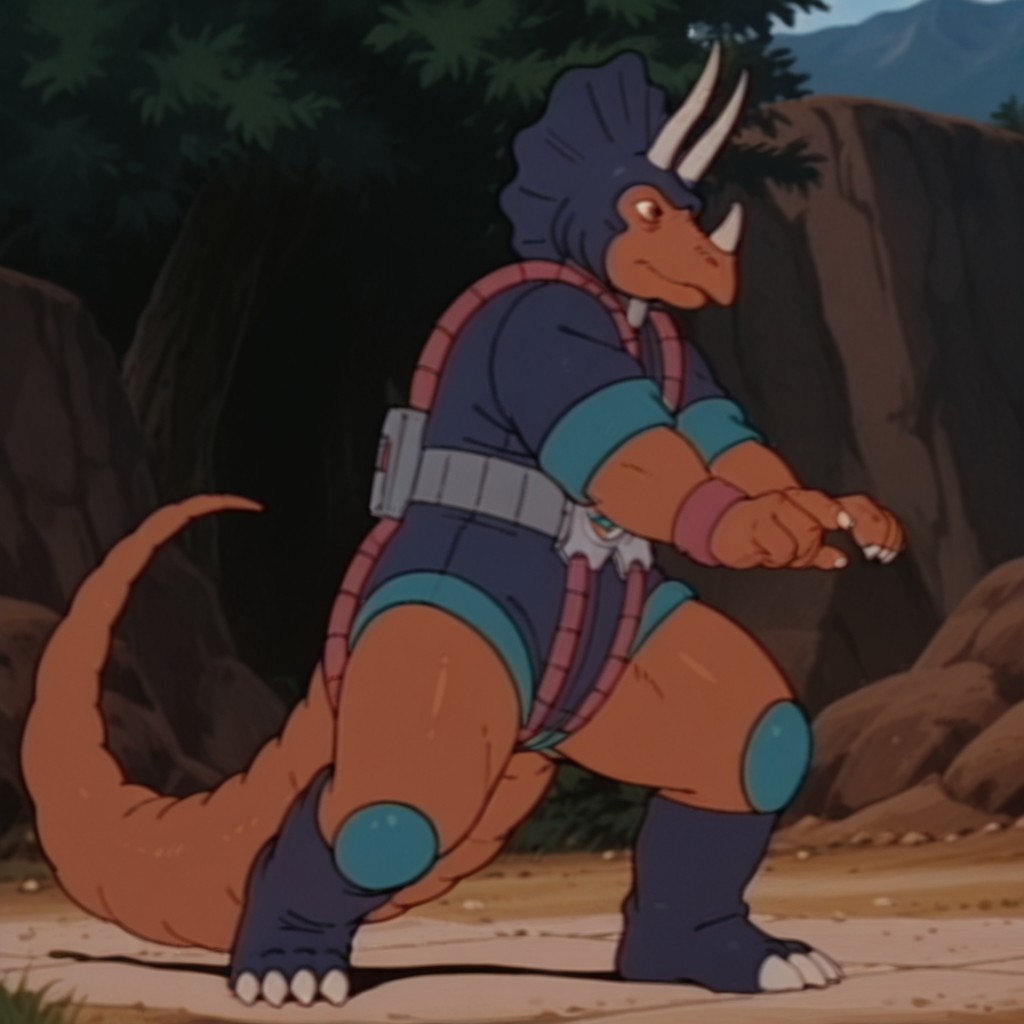 masterpiece, best quality, amazing quality, TriceroDsil, anthro, male, Triceratops, brown skin, brown eyes, dark blue helmet, dark blue bodysuit, teal trim, rolled sleeves, red wristbands, teal kneepads, dark blue boots, claws, outside, solo, 1boy, full body
