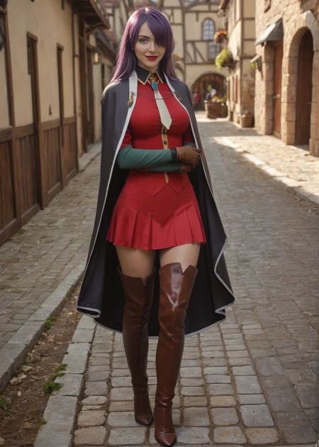 <lora:Keiran:1> keiranvillainess, 1girl, solo, long hair, ((brown thigh boots, red micro skirt, brown gloves, short capelet, brown elbow gloves)), purple hair, hair over one eye, green eyes, lipstick, large breasts, makeup, necktie, evil smile, full body, realistic, photorealistic, score_9, score_8_up, score_7_up, (SUBJECT), high contrast, film grain, Rim Lighting, masterpiece, best quality, high quality, realistic anatomy, 4k, highres, 8k, BREAK, detailed skin, detailed face, centered, hyperdetailed, extremely detailed, Ultra-realistic, ultra quality, 8K UHD, photorealism, hyperrealism, attention to details, zPDXL3, looking at viewer, front view, frontal, standing, standing on ground, thick_thighs:0.8, large breasts, muscular:0.8, slim:1.1, small waist:1.1, round breasts, small body, medieval European town, medieval town, medieval street, dirty street