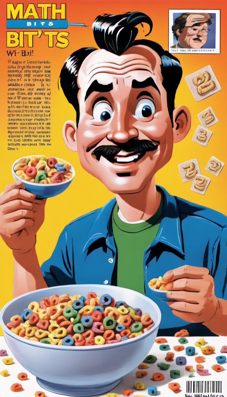 <lora:Everly Heights TaleSpinner:1> A magazine ad for "MATH BITS", with promotional art of a 30-year-old BillMatheson man dumping math-shaped cereal into his bowl.