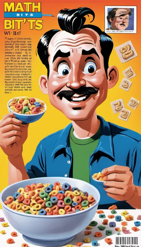 <lora:Everly Heights TaleSpinner:1> A magazine ad for "MATH BITS", with promotional art of a 30-year-old BillMatheson man dumping math-shaped cereal into his bowl.