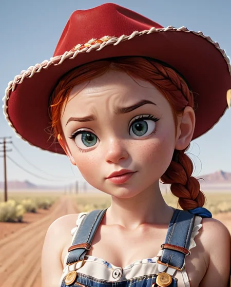 score_9, score_8, score_7, score_6, <lora:Jessie_the_Yodeling_Cowgirl_-_Toy_Story_PonyXL:1> Jes_sie, 1girl, red hair, hat, cowgirl, cleavage, hair in single braid, Beautiful female model. Highly detailed face. Seducing detailed expressive eyes. (Wearing only overalls and a ripped torn tank top:1.2). Perfect perky breasts. Dutch Braid Pompadour hair. Old House. Desolate landscape. Dustbowl. Bright sunny day. Photorealistic, Natural atmospheric lighting, intricate details, 35mm photograph, film, professional, 4k visuals, highly detailed, elegant, studio quality.