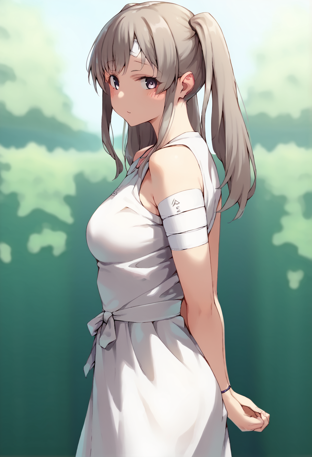 score_9, score_7_up, hd, (ultra hd quality details), source_anime, blurry background, blurry foreground,
solo, 1girl,
yukoku_kiriko, twintails,
sidelocks,white_ribbon,medium_breasts,white_dress,blush,bandaged_arm,
blush, looking at viewer, 
arms behind back, from side,
<lora:_jonsun_style-elesico-pony-e12:1> <lora:yukoku_kiriko_pony:0.9>