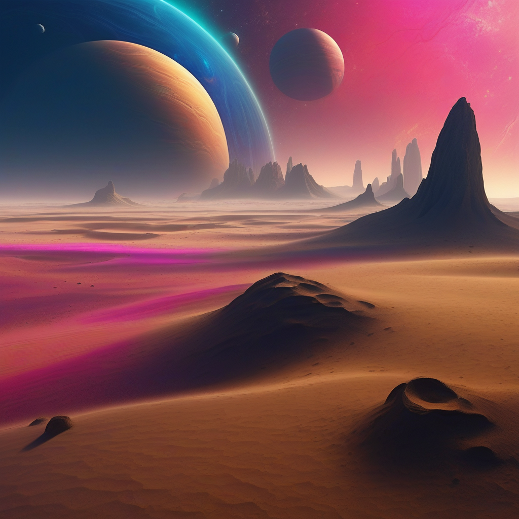 Create a hyper-realistic landscape of a vast desert on a distant planet. The sandy dunes stretch endlessly into the distance, while massive planets and colorful nebulae fill the sky, casting shifting shadows on the terrain. Strange rock formations dot the landscape, and the sky glows with vibrant colors, from deep blues to pinks and purples, illuminated by the light of multiple distant suns. The atmosphere feels alien, yet grounded in a realistic depiction of extraterrestrial nature.
