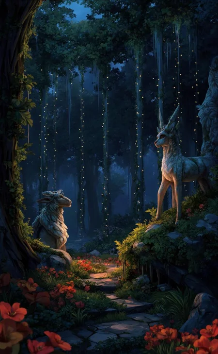 <lora:ck-LttleGhost-000011.safetensors:1> in the style of ck-lttlegh0st
As twilight descends upon an enchanted garden, the air is filled with the soft whispers of ancient spirits. Hidden behind towering, ivy-covered walls, this secret haven is a place where time seems to stand still. The lush vegetation is intertwined with delicate, glowing fairy lights, and the ground is carpeted with vibrant flowers that seem to glow in the fading light. Weathered statues of mythical beings—centaurs, griffins, and nymphs—dot the landscape, their stony forms守护着这片神秘的绿洲。
在花园的中心,一条潺潺的小溪蜿蜒而过,其水面在暮色中闪烁着微弱的光芒。溪边,一条石凳上雕刻着复杂的纹饰,仿佛在诉说着古老的故事。在这幽静的环境中,一尊巨大的生物雕像矗立在花园的一端,其形象宛如一个古老的暗黑神话生物。这个雕像高达数米,骨架结构,翅膀宽大而锐利,羽毛边缘带有尖锐的棱角,显得既庄严又威胁。
雕像的头部长着卷曲的角,两颗鲜红的眼睛在昏暗的花园中闪烁着超自然的光芒。它的身体纹理复杂,既有骨质的质感,又带有金属元素,形成了一种古老与未来的混合美学。微弱的光线从低角度照射过来,投下深邃的阴影,突出了雕像的轮廓。
在雕像的对面,一位成年女性站在小溪旁,她身穿一件长而暗淡的斗篷,身材挺拔,与巨大的雕像形成鲜明的对比。她大约三十岁,肤色苍白,一头乌黑的长发随风飘动。她的面容平静而坚定,仿佛在面对不可战胜的力量时展现出无畏的勇气。她的存在为这幅场景增添了一种尺度感,同时也引入了一种紧张的叙事张力,仿佛在进行一场永恒的对决。
花园的背景是盘旋的云雾和一轮微弱的发光月亮,为整个场景营造了一种永恒而神秘的氛围。这里,自然与超自然的界限模糊,每一片叶子、每一朵花都仿佛在诉说着古老的故事,织就一幅永恒的浪漫与神秘的画卷。