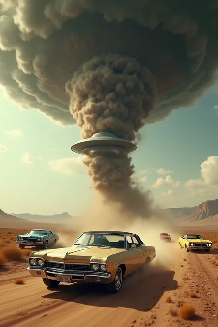 This is a highly detailed, CGI-rendered image depicting a chaotic and dramatic scene. The central focus is a massive, swirling tornado that dominates the upper half of the image, engulfing a UFO. The UFO is a metallic, disc-shaped object with a smooth, reflective surface, and it is being violently sucked into the tornado. The tornado is a swirling mass of dark grey and brown clouds with a turbulent, swirling texture, creating a sense of immense power and destruction.
In the foreground, a classic, 1960s-era American sedan with a beige body and a black roof is driving down a dusty, barren road. The car is moving at high speed, with a cloud of dust and debris trailing behind it. Surrounding the car are other vehicles, including a blue sedan, a red pickup truck, and a yellow convertible, all of which are also in motion and being thrown around by the tornado.
The background features a vast, open desert landscape with sparse vegetation, and the sky is a mix of dark, ominous clouds and patches of sunlight, suggesting either a stormy or post-storm setting. The overall mood of the image is intense and chaotic, with a sense of urgency and danger.
<lora:qihuan222 (1):0.2> <lora:qihuan222 (2):1>