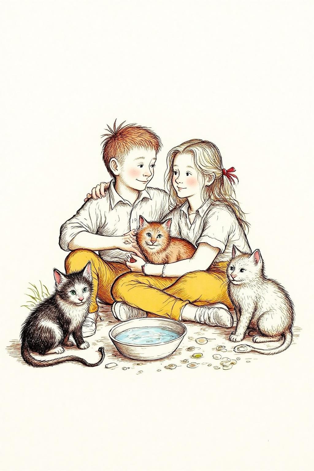 gawi1 illustration.
qub1. A boy and a girl, sitting together with three cats. On the left is a boy has spiky orange hair. In the center is a blonde girl with long hair and wearing yellow pants. There is a bowl of water in front of the cats.  <lora:gawi1_cap_d6a3e12:1.0><lora:827369447779019864:0>