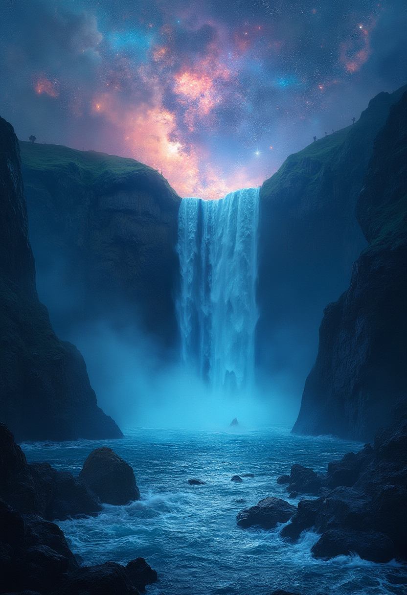 valhalla waterfall in the edge of the universe, the ocean is mixed with a vast space, nebula and galaxy in the background