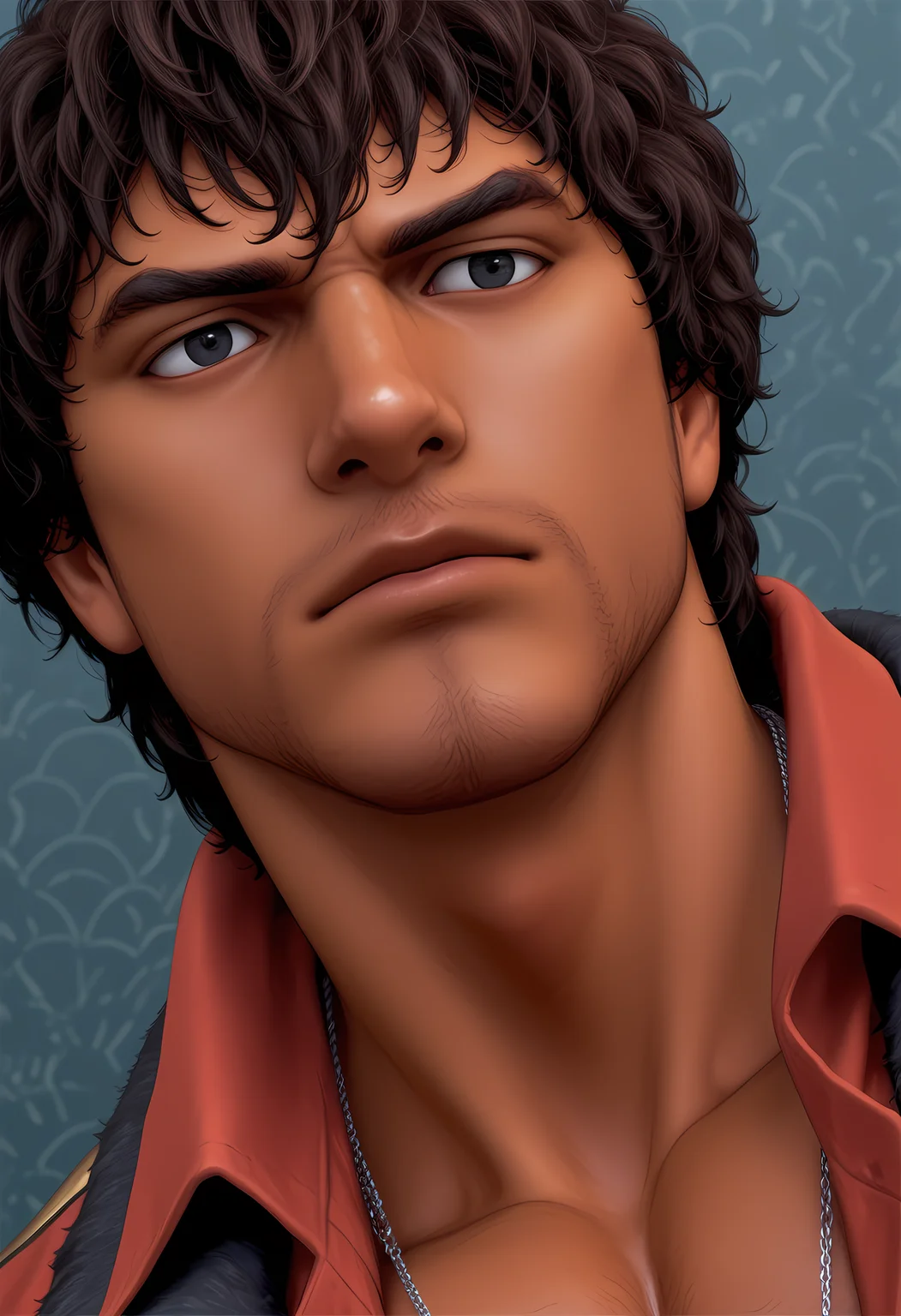 masterpiece, best quality, amazing quality, dutch angle, abstract background, BREAK
1boy, solo, male focus, t7_miguel, dark skin, brown hair, black eyes, stubble, face focus, BREAK
<lora:cfg_scale_boost:.6>   <lora:Miguel_Caballero_Rojo_-_Tekken_7_-_ILXL:1>