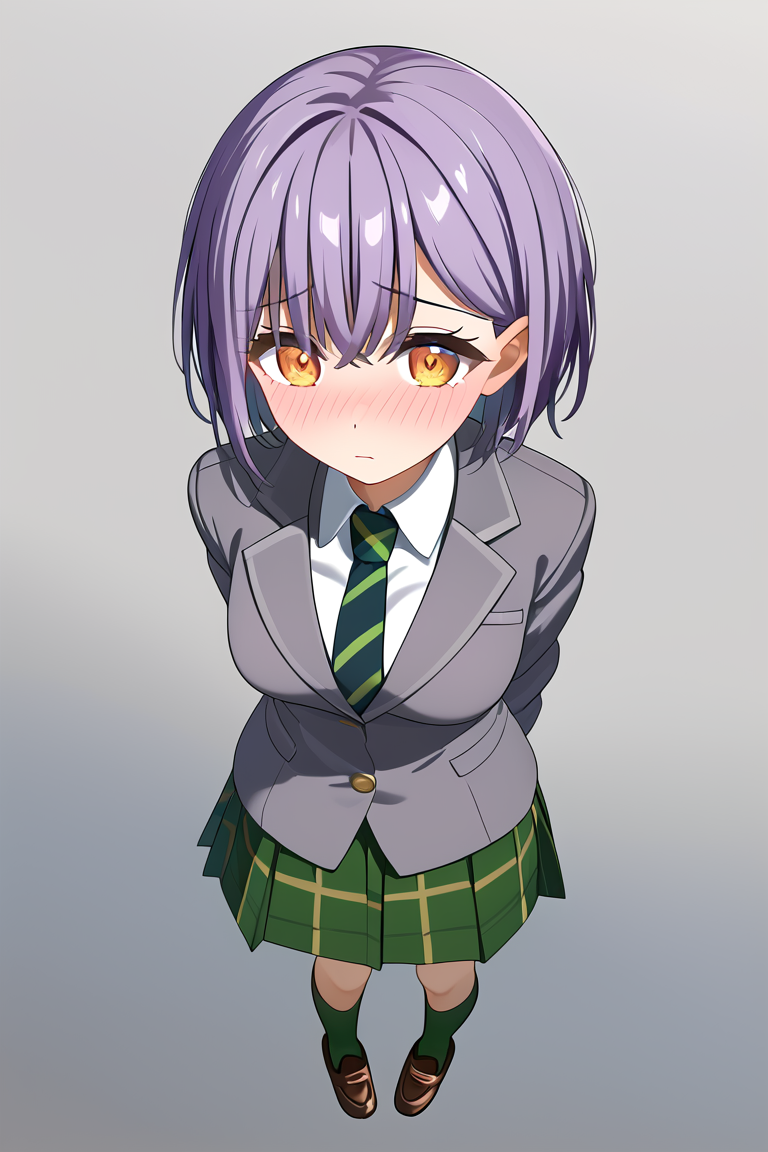 <lora:takamatsu_tomori_PonyXL-000007:1>, takamatsu tomori, 1girl, solo, bangs, short hair, grey hair, purple hair, amber eyes, grey jacket, white shirt, green necktie, striped necktie, green skirt, pleated skirt, plaid skirt, green socks, loafers, shy, blush, medium breasts, grey background, simple background, from above, full body, standing, arms behind back, gradient background,, best quality, masterpiece, highres,