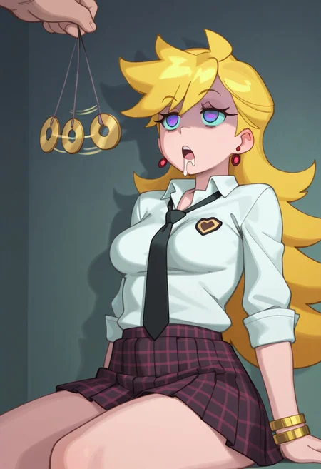 panty anarchy, panty (psg), 1girl, solo, SHIRO, BLONDE HAIR, YELLOW HAIR, BLUE EYES, UPPER BODY, ANIME STYLE, long hair, medium breasts, thighs, masterpiece, amazing, best quality, no text, best quality, very aesthetic, absurdres, high quality, highres, rizdraws, skirt, shirt, jewelry, school uniform, white shirt, pleated skirt, earrings, necktie, collared shirt, bracelet, plaid, plaid skirt, black necktie, hypnosis, mind control, empty eyes, blank stare,open mouth, drooling, coin, pendulum, pov, sitting,