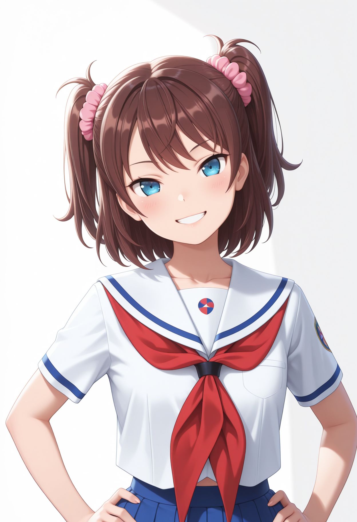 masterpiece,best quality,absurdres,highres,very aesthetic,high quality,detailed,insanely detailed,beautiful,perfect lighting, 
, smile, hands on hips, ((white background)), facing viewer,, simple background, head tilt, upper body, collarbone, blush, grin, shadow, 
 <lora:Ogasawara Hikari llu:1> 1girl, brown hair, blue eyes, two side up, short hair, scrunchie, hair ornament, school uniform, serafuku, short sleeves, red neckerchief, pleated skirt, blue skirt, hair scrunchie, pink scrunchie, white shirt, white sailor collar