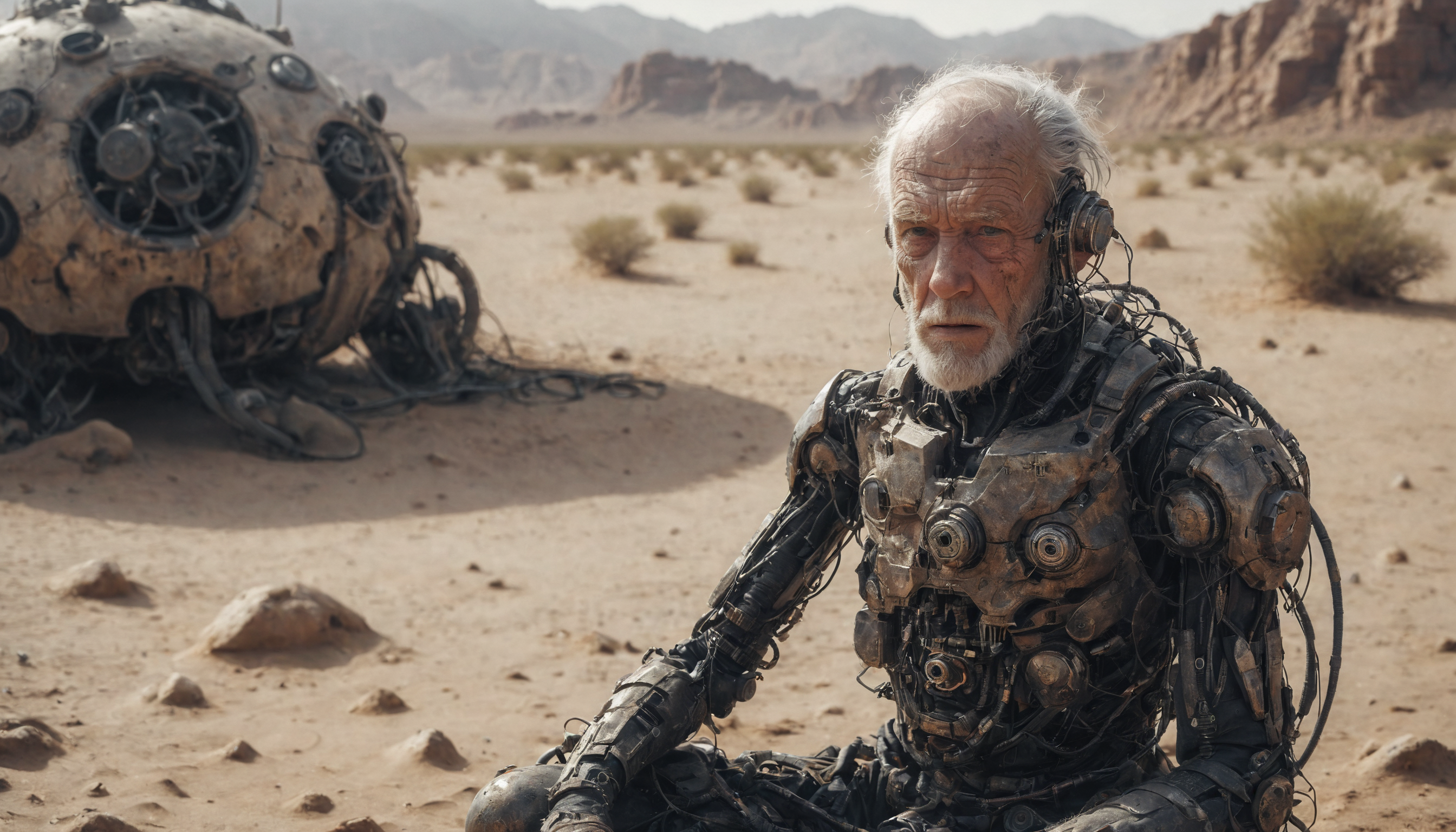 cinematic photo, medium body shot, dystopic image of a one old man cyborg sitting in the desert, <lora:Dystopia:0.6>, 35mm photograph, film, bokeh,  professional, 4k, highly detailed