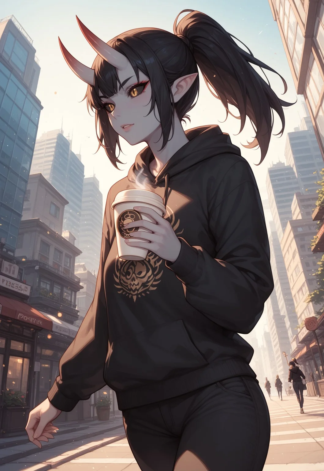 safe_pos, score_9, score_8_up, score_7_up, score_6_up, rating_questionable, 1girl, Polly, PollyRH, oni horns, pointy ears, colored sclera, third eye, black sclera, slit pupils, grey skin, long black hair, ponytail, gold eyes, HD32k, dynamic pose, aesthetic, perspective, solo, detailed, sensual look, walking, black print hoodie, pants, city, angle shot, holding a cup of coffee, looking away, pensive