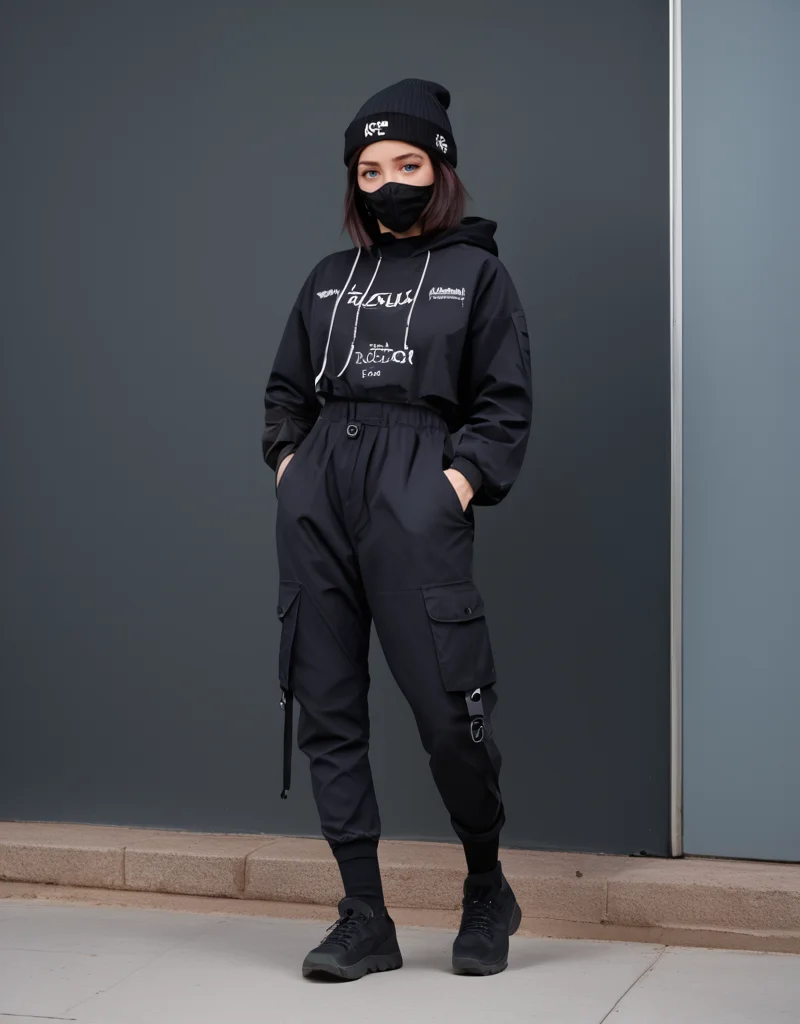 zPDXL2, <lora:TechwearV2:1>, t3chwear,
1girl, cute face, detailed eyes, long black hair, blue eyes, black face mask, black beanie, walking on a sidewalk, headphones, hands in pockets, full body