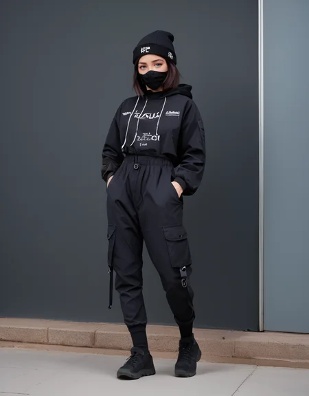 zPDXL2, <lora:TechwearV2:1>, t3chwear,
1girl, cute face, detailed eyes, long black hair, blue eyes, black face mask, black beanie, walking on a sidewalk, headphones, hands in pockets, full body