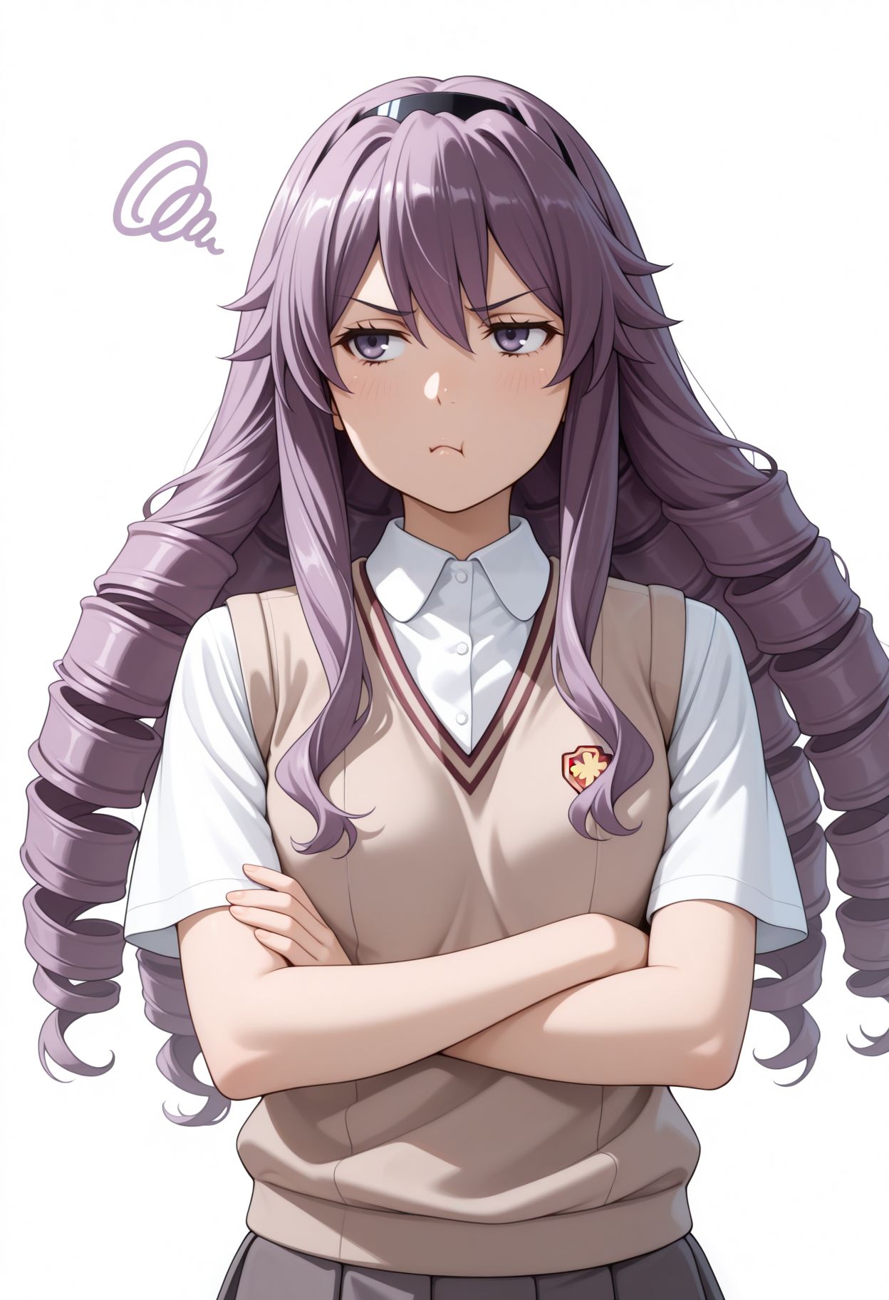 masterpiece,best quality,absurdres,highres,very aesthetic,high quality,detailed,insanely detailed,beautiful, white background, upper body, pouting, arms crossed
<lora:Hokaze Junko illu_2:1> 1girl, long hair, purple hair, hairband, purple eyes, drill hair, 
tokiwadai school uniform, summer uniform, brown sweater vest, white shirt, collared shirt, short sleeves pleated skirt, short sleeves, miniskirt, grey skirt,