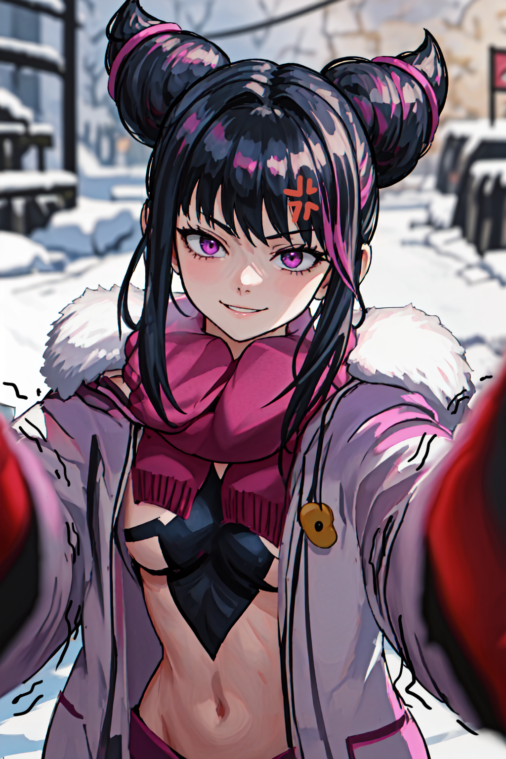 <lora:LCM_LoRA_Weights_SD15:1><lora:PovCheekWarmingMemeV2:0.8> IncrsChkWarmingMeme, reaching towards viewer, winter clothes, red scarf ,1girl<lora:SF6_Juri-DEF:0.6>jurialt smile, laugh, <lora:han_juri_v1:0.6> onejuri, purple eyes,