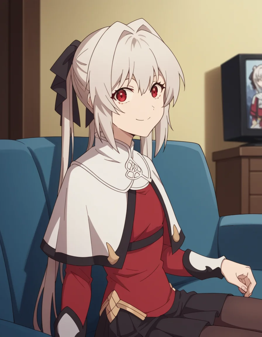 score_9, score_8_up, score_7_up, source_anime, <lora:lynneburg-clays-s1-ponyxl-lora-nochekaiser:1>, lynneburg clays, long hair, red eyes, twintails, grey hair, hair intakes, hair ribbon,, pantyhose, capelet, white capelet, dress, red dress, long sleeves, skirt, black skirt, pleated skirt,, living room, television, couch, popcorn, watching movie, night time, sitting,, , looking at viewer, smile, from side, solo,, cowboy shot, dutch angle