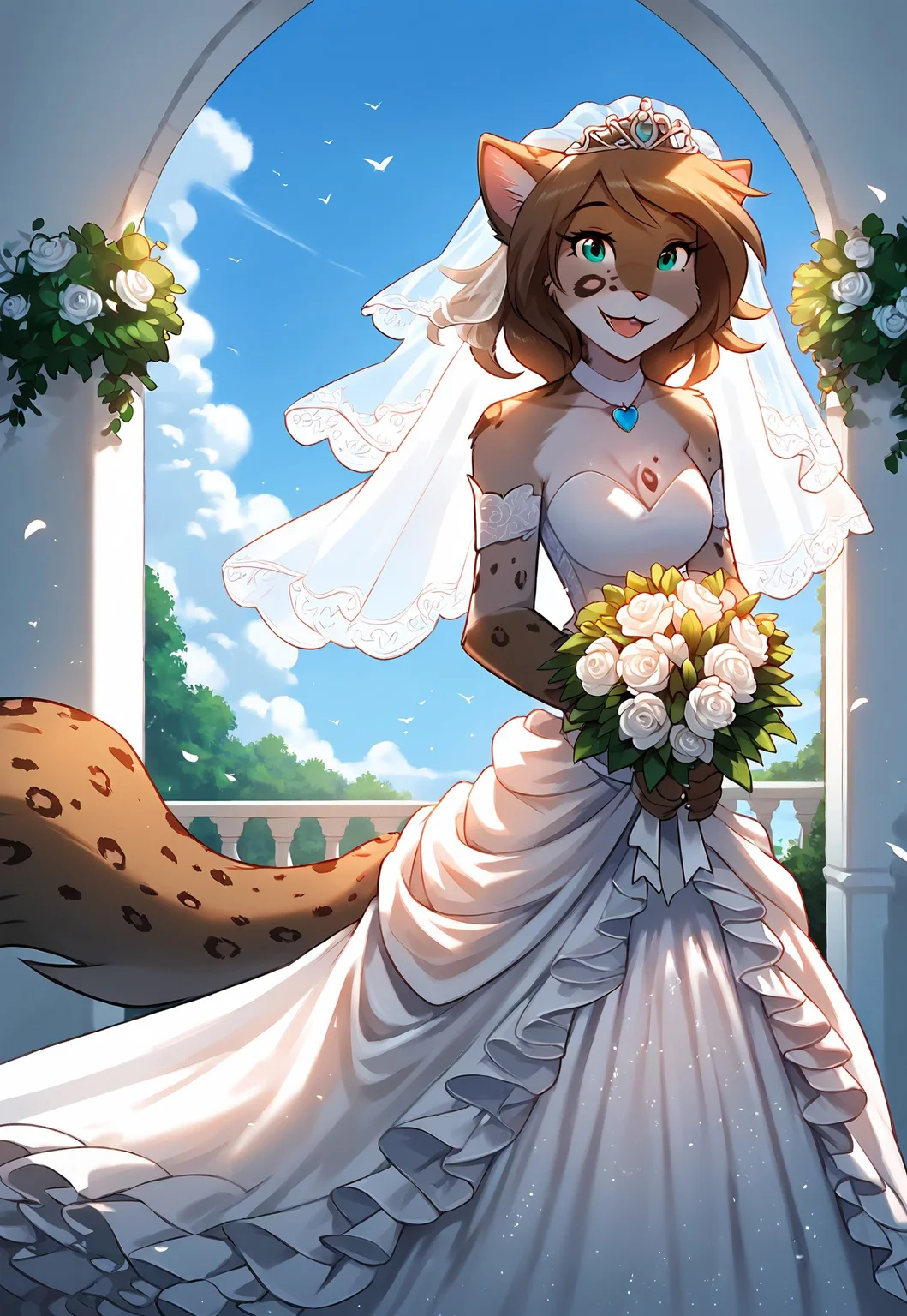 score_9, score_8_up, score_7_up, masterpiece, best quality, good quality, highly detailed, absurdres, Expressiveh, detailed background, outdoors, wedding chapel, wedding decorations, 1 girl, solo, anthro, kathrin-twokinds, cat tail, wedding dress, holding bouquet, looking at the viewer, smile, happy